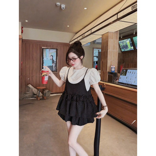 [S2.4364] Set 3 Món Áo Trắng Mix Yếm Chấm Bi Dáng Babydoll + Chân Váy Bí Phồng 3 Màu Siêu Xinh