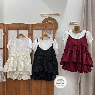 [S2.4364] Set 3 Món Áo Trắng Mix Yếm Chấm Bi Dáng Babydoll + Chân Váy Bí Phồng 3 Màu Siêu Xinh