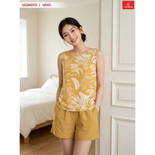 (Sẵn) 6SQN03 Bộ đồ nữ CARDINA chất liệu lanh áo sát nách cổ tròn và quần sooc 6SQN03