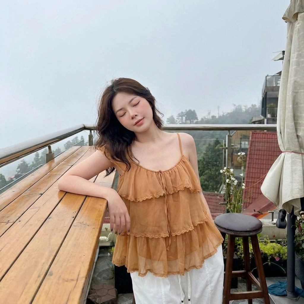 Áo kiểu chiffon 3 tầng nhún bèo dáng rộng babydoll che khuyết điểm bụng tay cánh tiên đi du lịch HCOM27295