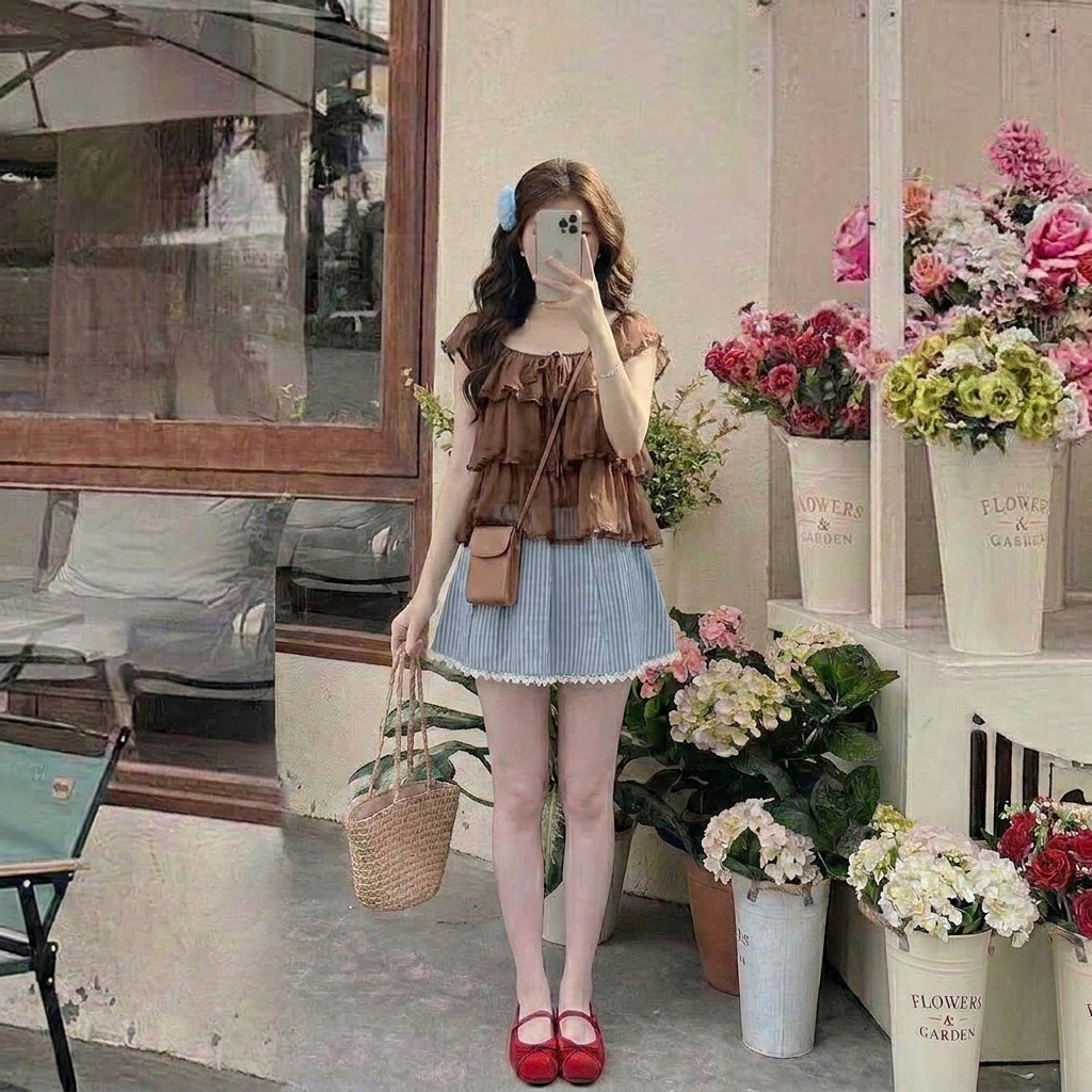 Áo kiểu chiffon 3 tầng nhún bèo dáng rộng babydoll che khuyết điểm bụng tay cánh tiên đi du lịch HCOM27295