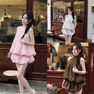 [S2.4365] Set Áo Yếm Nơ Sau Bo Chun Mix Chân Váy Bí Phồng Xếp Ly Hàng 2 Lớp Dày Dặn 3 Màu