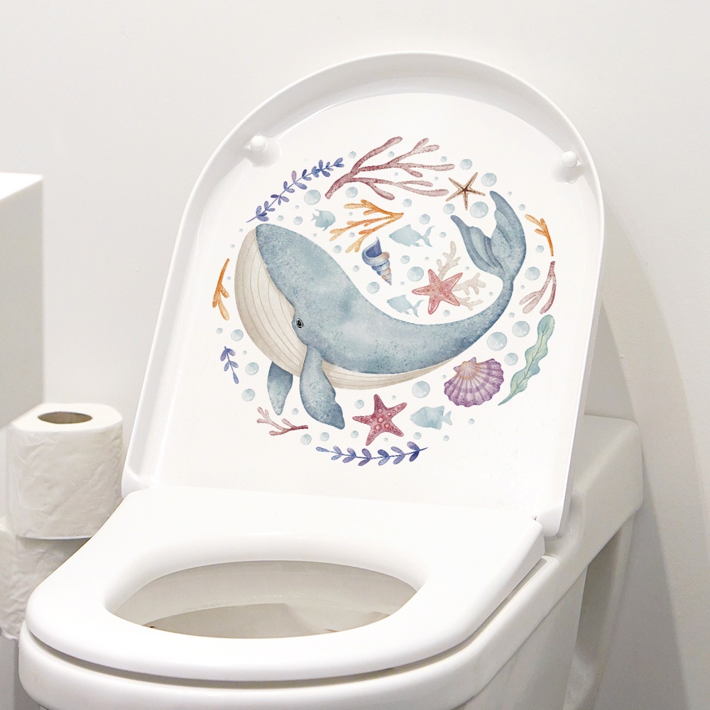 Decal Dán Trang Trí Bồn Cầu Toilet Cá Voi Xanh Có Keo Sẵn 27x27.5cm - Chống Nước Không Phai Màu