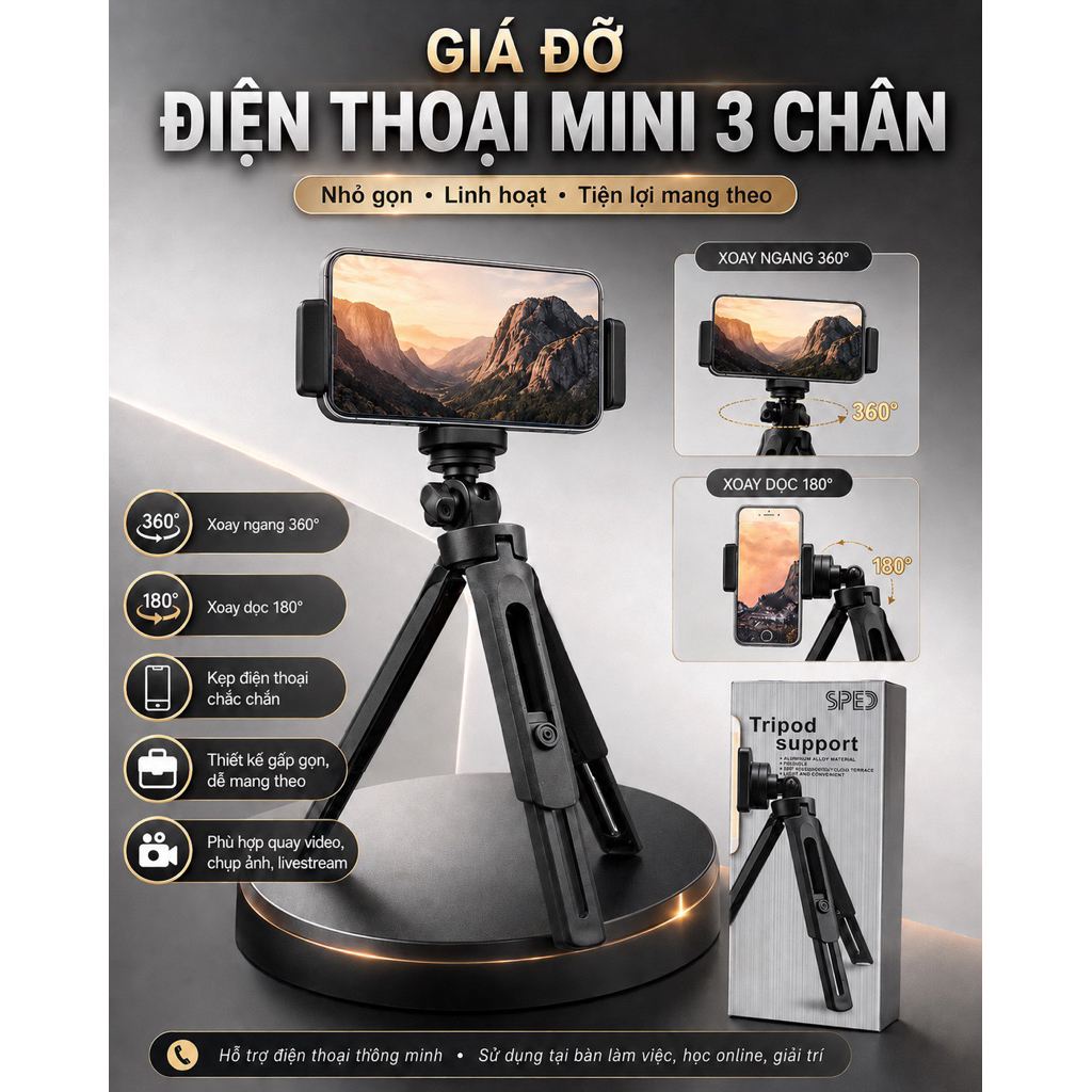 SPED Giá Đỡ Điện Thoại 3 Chân MiNi - Xoay Ngang 360 độ , Xoay Dọc 180 độ