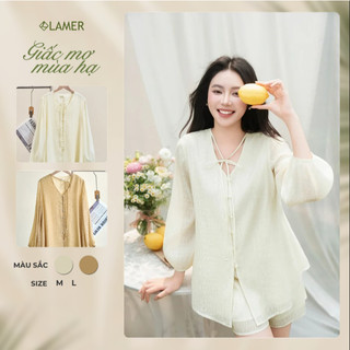 Áo Kiểu Nữ Dáng Suông LAMER FASHION Cổ Tim Form Rộng Dây Nơ Phối Quần Short Cạp Chun Đi Biển GMMH O61B26H014 O64S26H004