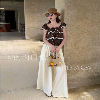 Set Bộ Đồ Nữ Áo Chấm Bi Cánh Tiên Bèo Tầng Phối Viền Ren Mix Quần Đũi Suông Dài Ống Rộng