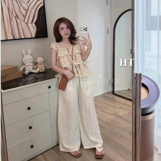 Set Bộ Đồ Nữ Áo Chấm Bi Cánh Tiên Bèo Tầng Phối Viền Ren Mix Quần Đũi Suông Dài Ống Rộng