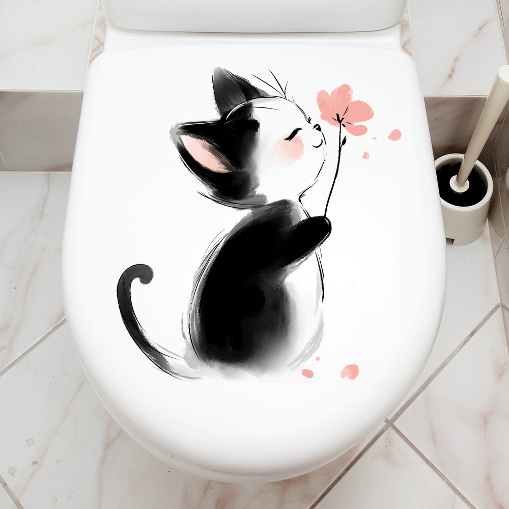 Decal Dán Trang Trí Bồn Cầu Toilet Mèo Nhỏ Cầm Hoa Có Keo Sẵn 26x27cm - Chống Nước Không Phai Màu