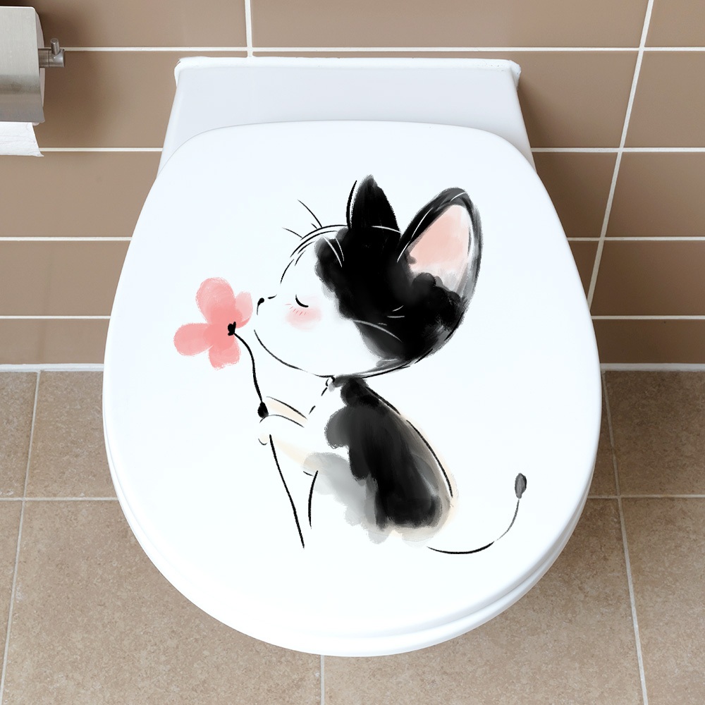 Decal Dán Trang Trí Bồn Cầu Toilet Mèo Nhỏ Cầm Hoa Có Keo Sẵn 26x27cm - Chống Nước Không Phai Màu