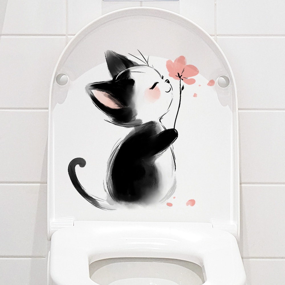 Decal Dán Trang Trí Bồn Cầu Toilet Mèo Nhỏ Cầm Hoa Có Keo Sẵn 26x27cm - Chống Nước Không Phai Màu