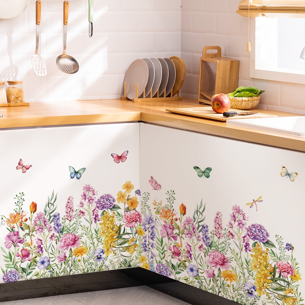 Decal Dán Chân Tường Vườn Hoa Sắc Màu Có Keo Sẵn 122x55.5cm - Trang Trí Nhà Chống Bẩn Chân Tường