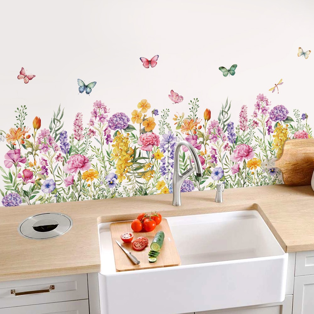 Decal Dán Chân Tường Vườn Hoa Sắc Màu Có Keo Sẵn 122x55.5cm - Trang Trí Nhà Chống Bẩn Chân Tường