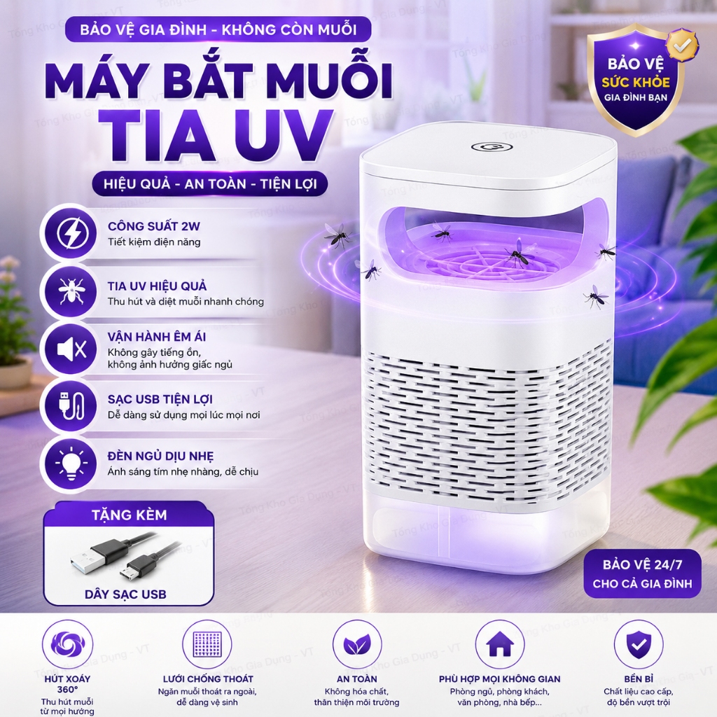 Máy bắt muỗi diệt côn trùng thông minh , Đèn bắt muỗi kiêm đèn ngủ có cổng sạc USB ( Mầu Trắng )