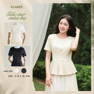 Áo Kiểu Nữ LAMER FASHION Dáng Peplum Cúc Ngọc Gấu Xòe Xếp Ly Công Sở GMMH O61B26H013