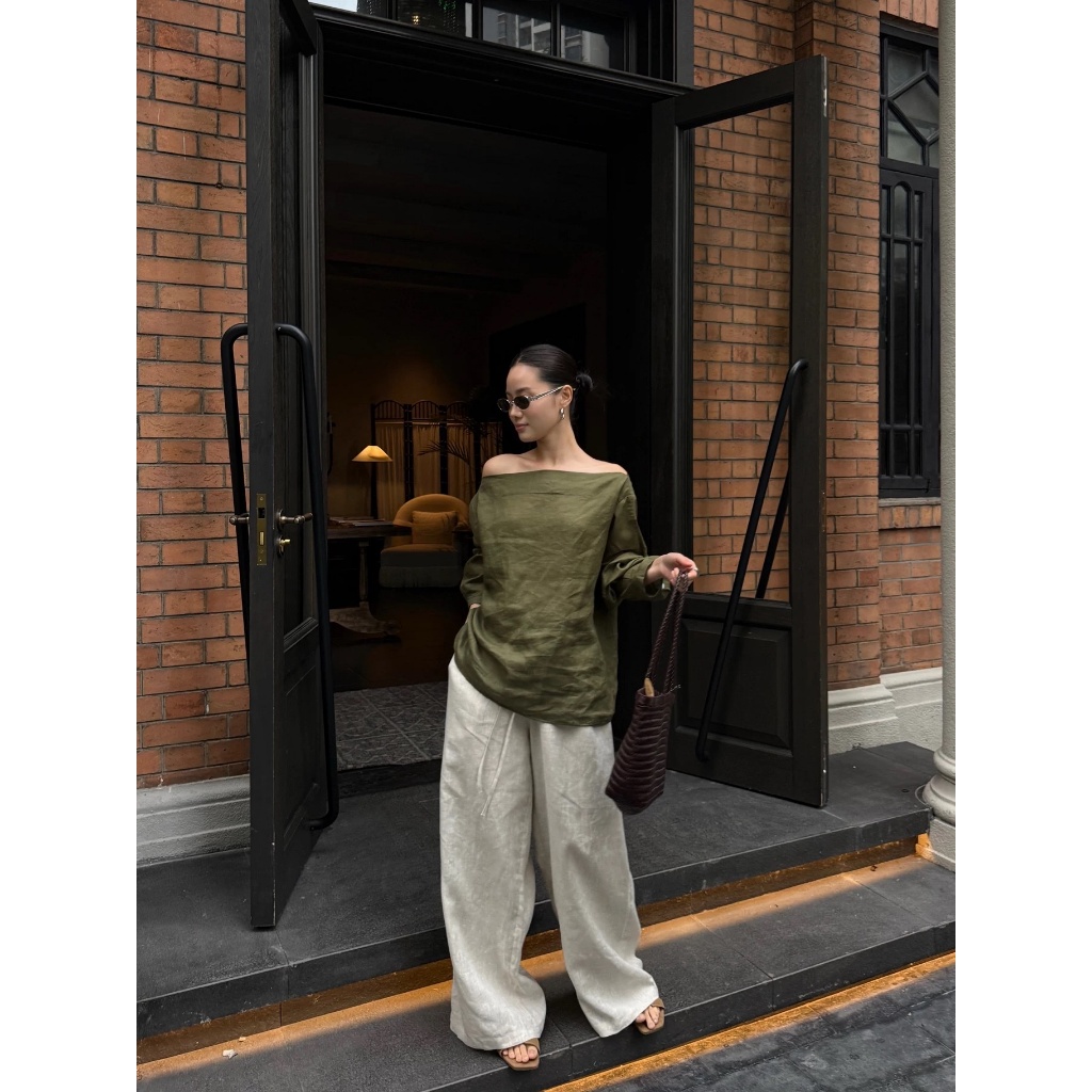 𝗘𝗴𝗮𝗻 𝗟𝗶𝗻𝗲𝗻-Áo Linen trễ vai tay dài