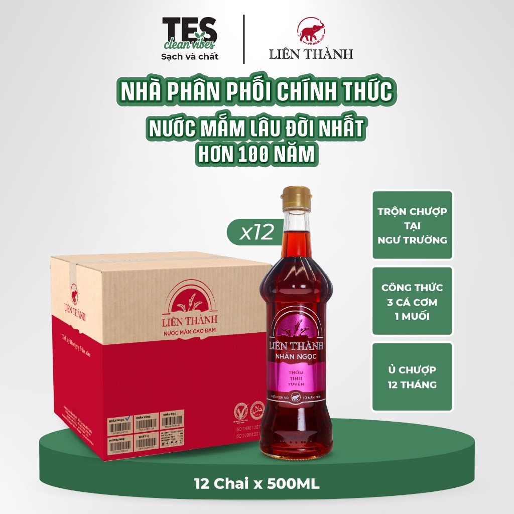 Thùng 12 chai Nước mắm Liên Thành Nhãn Ngọc 40 độ đạm 500ml chai thủy tinh