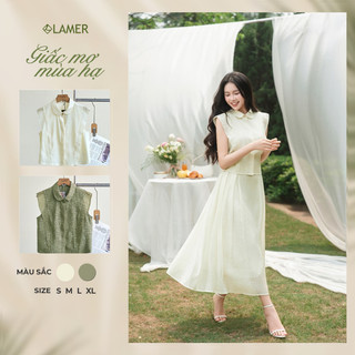 Áo Kiểu Nữ LAMER FASHION Sơ Mi Croptop Bèo Vai Sát Nách Cổ Sen Phối Chân Váy Xòe Xếp Ly GMMH L61H26H054, L62L26H017