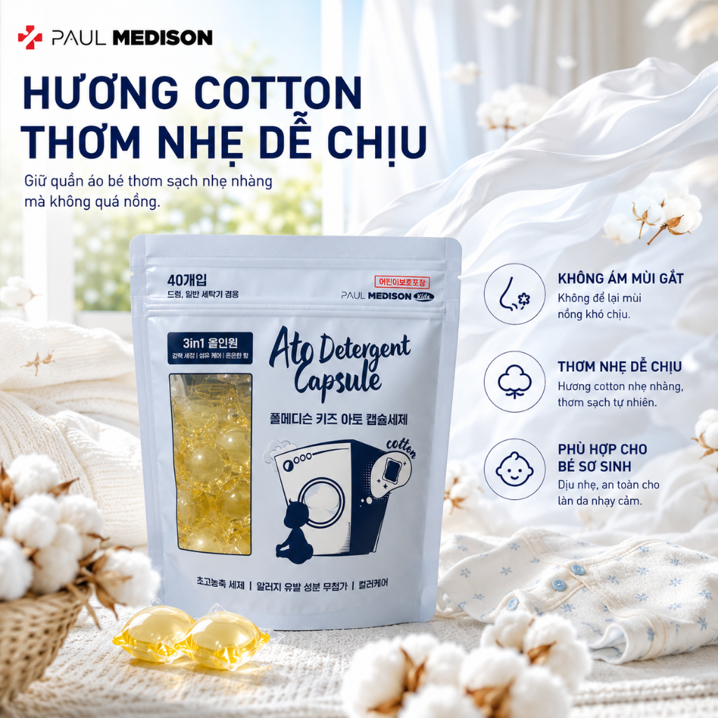 [DỊU NHẸ CHO BÉ] Viên Giặt Paul Medison Kids Hàn Quốc 40Viên Cho Da Chàm Sữa Nhạy Cảm Viêm Da Cơ Địa