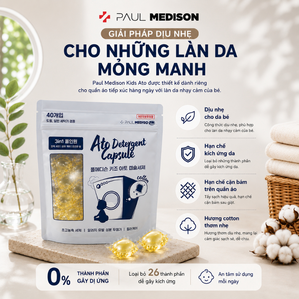 [DỊU NHẸ CHO BÉ] Viên Giặt Paul Medison Kids Hàn Quốc 40Viên Cho Da Chàm Sữa Nhạy Cảm Viêm Da Cơ Địa