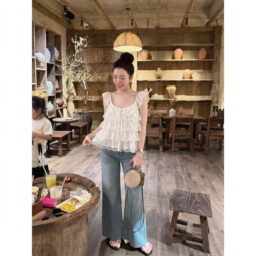 Áo camisole ren lưới xếp tầng buộc dây ngực áo kiểu hai dây quai ren lửng mặc khoác layer nhẹ nhàng HCOM27296