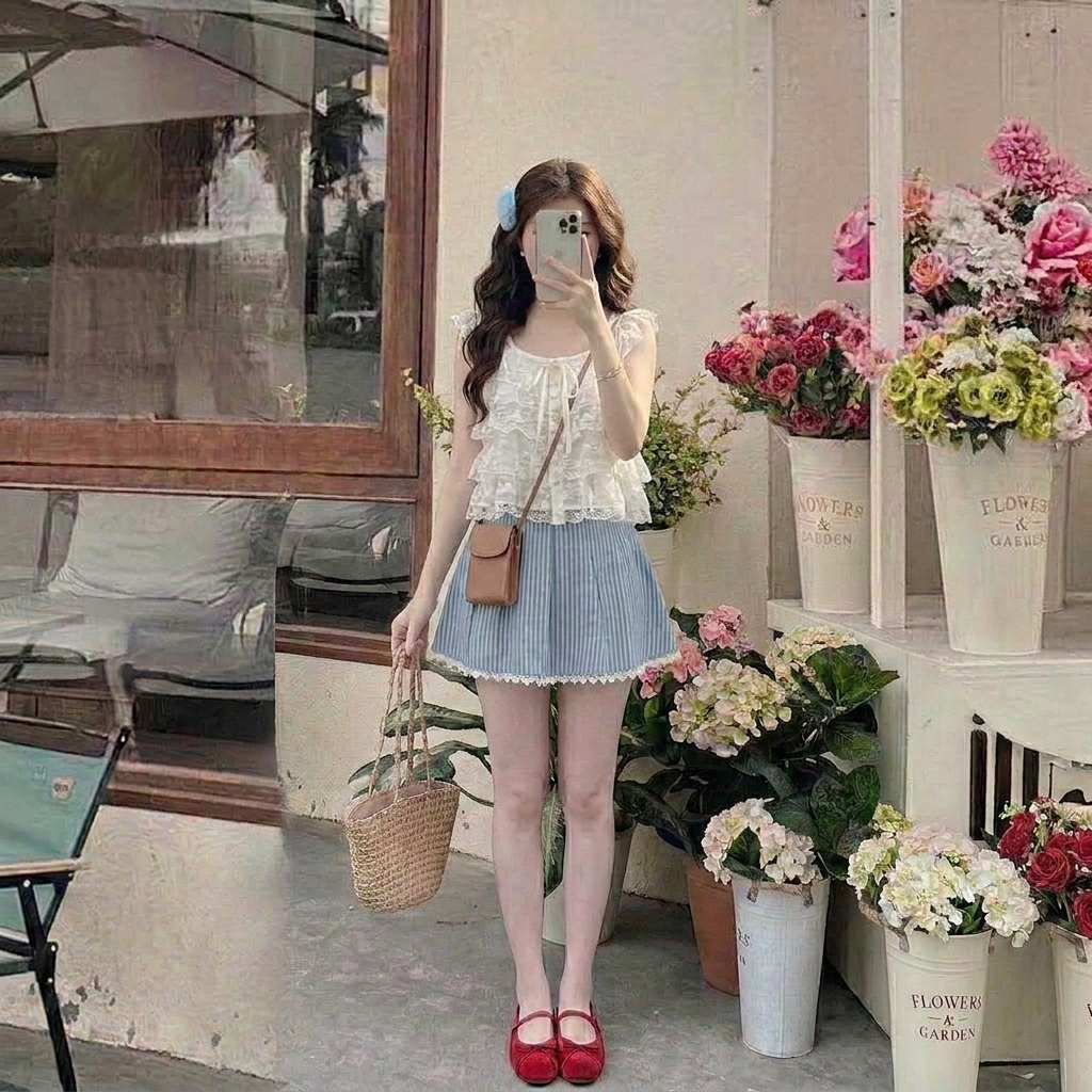 Áo camisole ren lưới xếp tầng buộc dây ngực áo kiểu hai dây quai ren lửng mặc khoác layer nhẹ nhàng HCOM27296