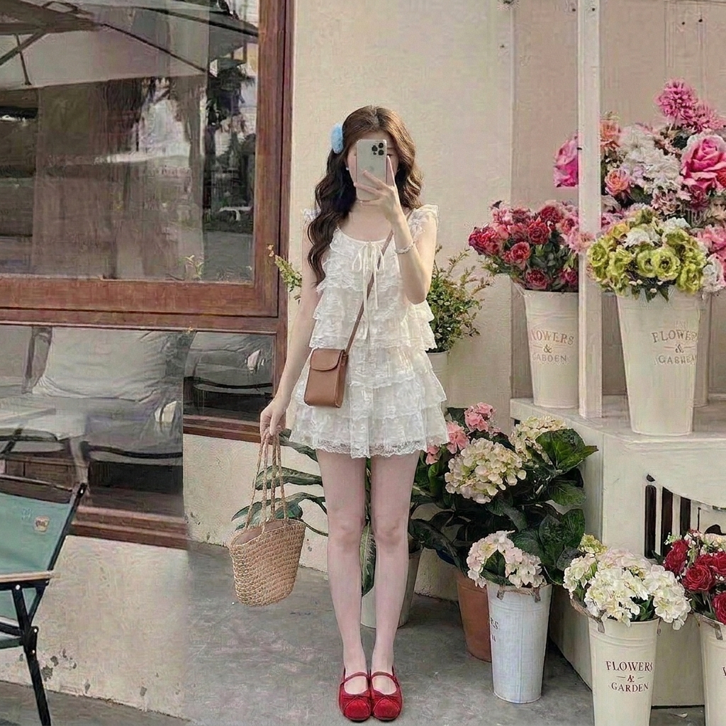 Áo camisole ren lưới xếp tầng buộc dây ngực áo kiểu hai dây quai ren lửng mặc khoác layer nhẹ nhàng HCOM27296