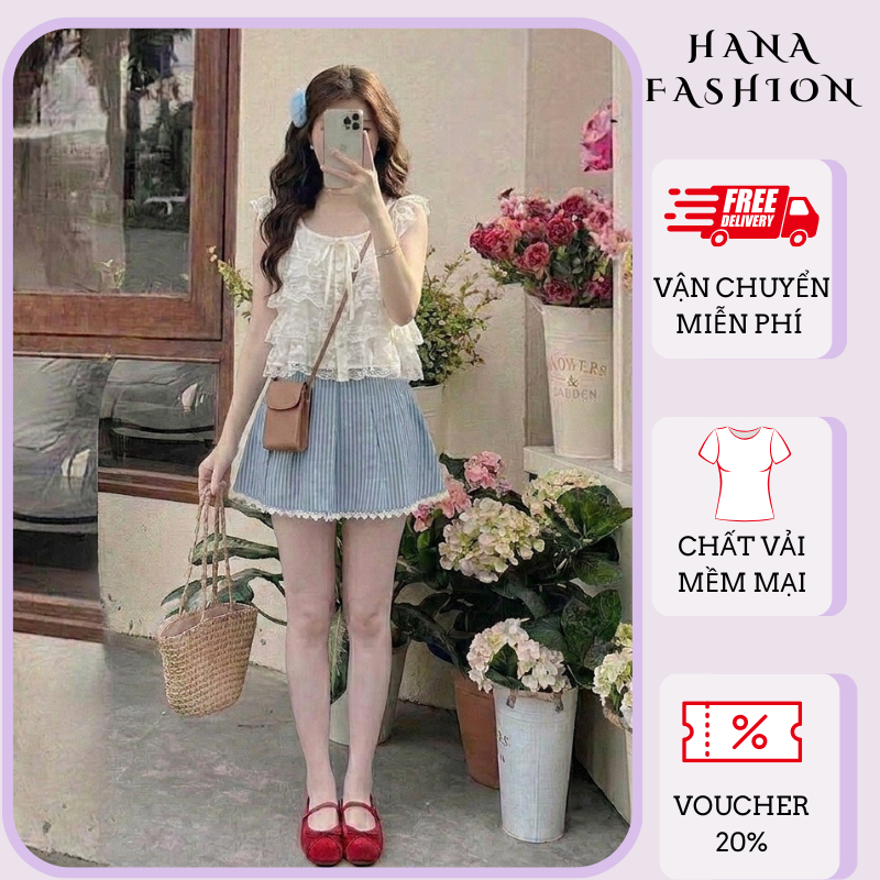 Áo camisole ren lưới xếp tầng buộc dây ngực áo kiểu hai dây quai ren lửng mặc khoác layer nhẹ nhàng HCOM27296