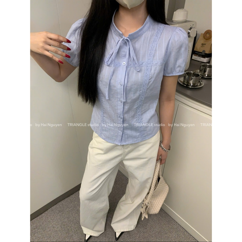 TRIANGLE - Rainy Blouse tag Wgwe (Cân nhắc kỹ, return is not welcomed) Áo sơ mi kiểu Hàn Quốc ngắn tay thắt nơ dễ mặc