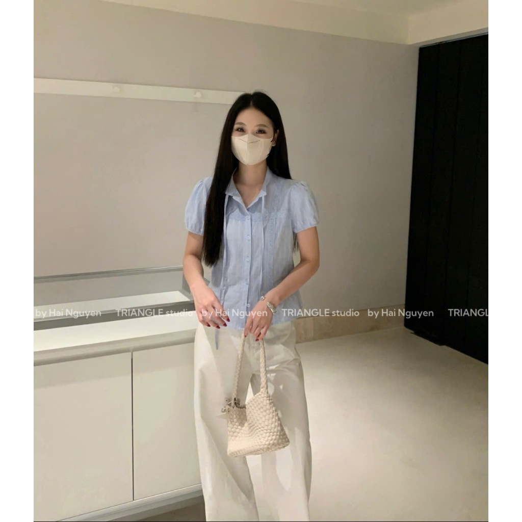 TRIANGLE - Rainy Blouse tag Wgwe (Cân nhắc kỹ, return is not welcomed) Áo sơ mi kiểu Hàn Quốc ngắn tay thắt nơ dễ mặc
