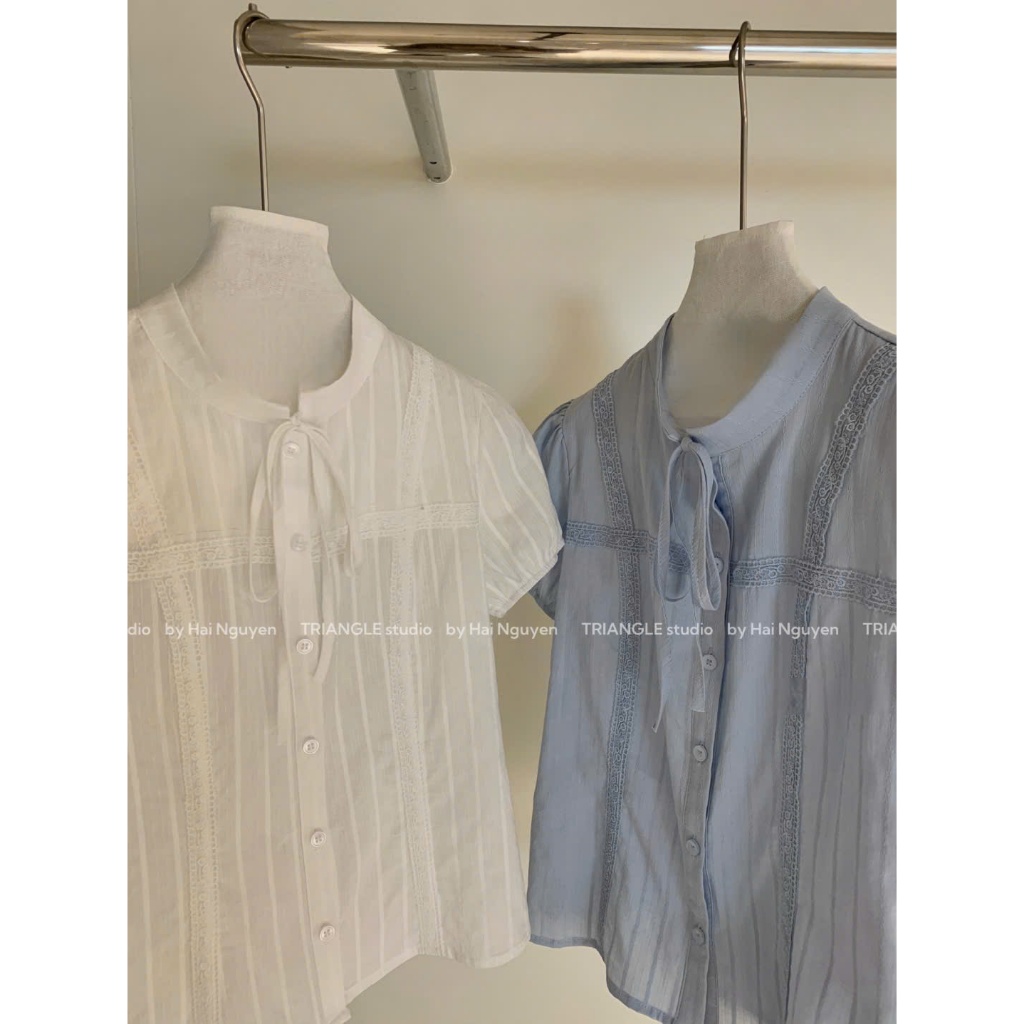 TRIANGLE - Rainy Blouse tag Wgwe (Cân nhắc kỹ, return is not welcomed) Áo sơ mi kiểu Hàn Quốc ngắn tay thắt nơ dễ mặc