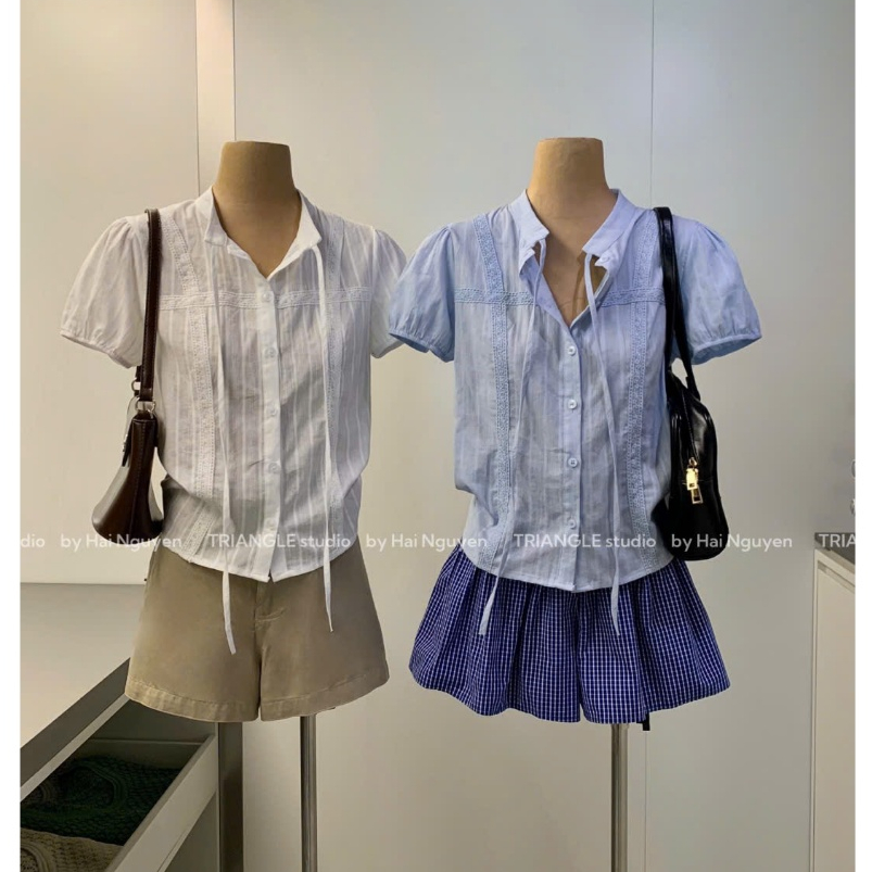 TRIANGLE - Rainy Blouse tag Wgwe (Cân nhắc kỹ, return is not welcomed) Áo sơ mi kiểu Hàn Quốc ngắn tay thắt nơ dễ mặc