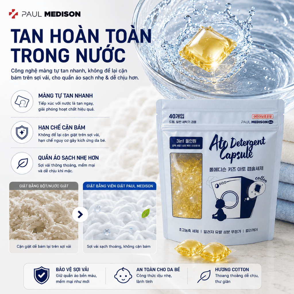 [DỊU NHẸ CHO BÉ] Viên Giặt Paul Medison Kids Hàn Quốc 40Viên Cho Da Chàm Sữa Nhạy Cảm Viêm Da Cơ Địa