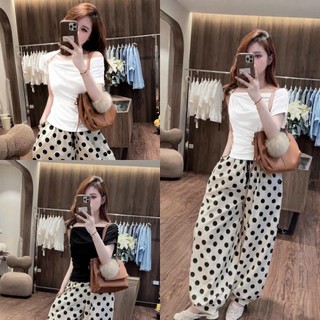 Set Bộ Đồ Nữ Áo Zip Trơn Lệch Nhún Vai Mix Quần Suông Chấm Bi To Dáng Dài Ống Rộng