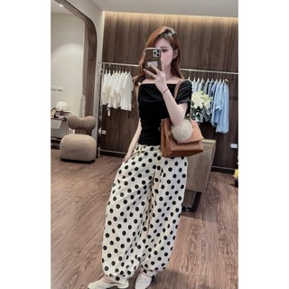 Set Bộ Đồ Nữ Áo Zip Trơn Lệch Nhún Vai Mix Quần Suông Chấm Bi To Dáng Dài Ống Rộng