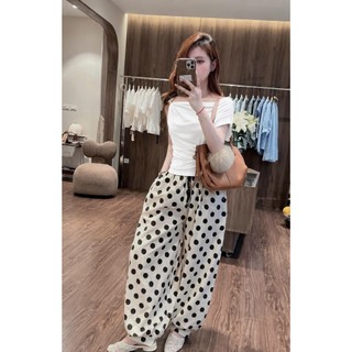 Set Bộ Đồ Nữ Áo Zip Trơn Lệch Nhún Vai Mix Quần Suông Chấm Bi To Dáng Dài Ống Rộng