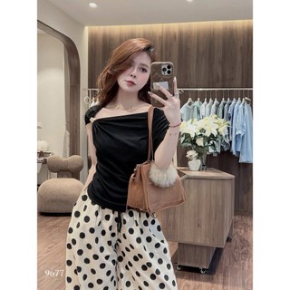 Set Bộ Đồ Nữ Áo Zip Trơn Lệch Nhún Vai Mix Quần Suông Chấm Bi To Dáng Dài Ống Rộng