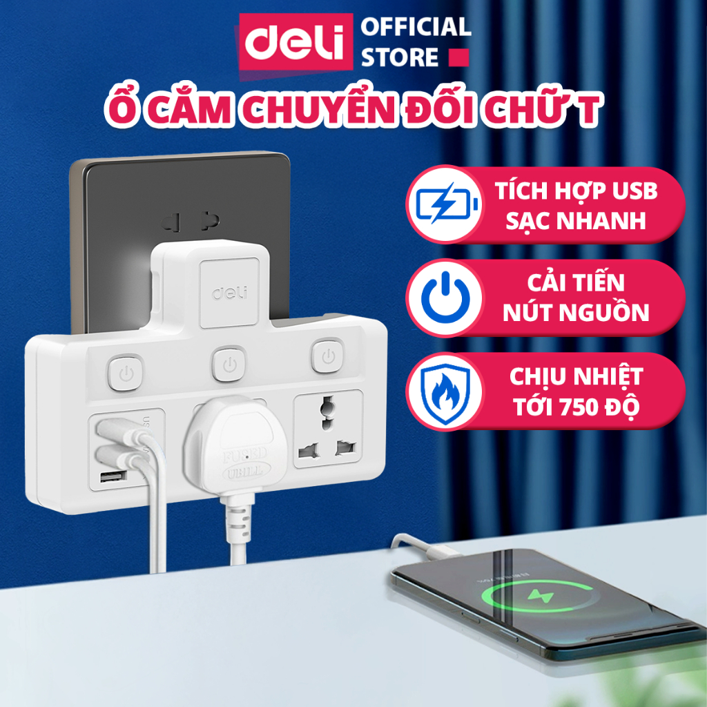 [HỎA TỐC] Ổ Chia Điện Đa Năng DELI 2500W Tích Hợp Cổng USB&TypeC Sạc Thường, Sạc Nhanh 20W Văn Phòng