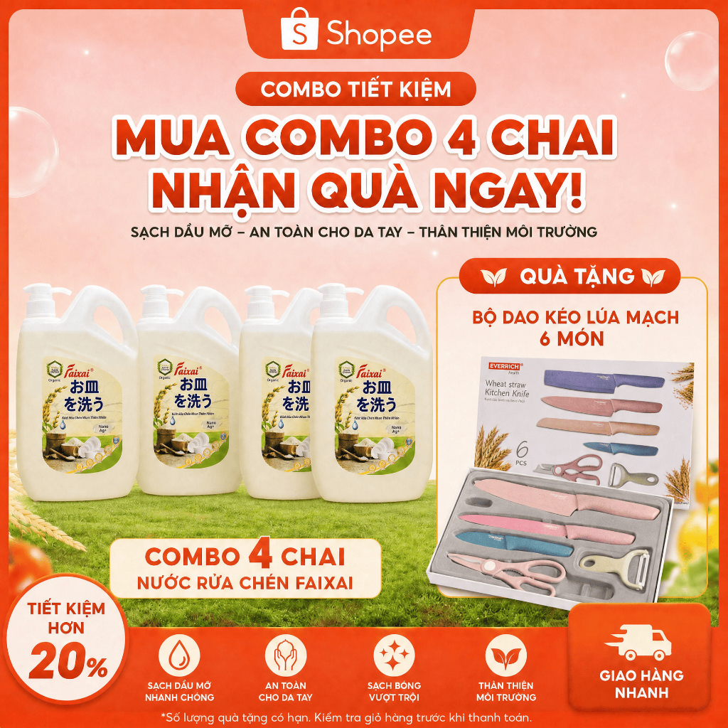 Nước Rửa Chén Thiên Nhiên Nano Faixai 2.2L [QUÀ TẶNG HẤP DẪN][Lẻ/Combo Tiết Kiệm]
