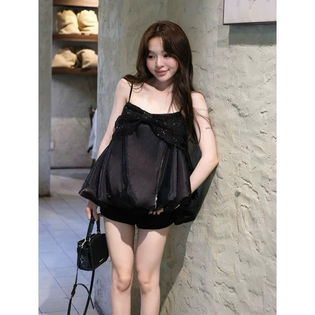 | LYN WEAR | Áo hai dây nữ đuôi bí phối kim sa dáng babydoll tiểu thư mùa hè