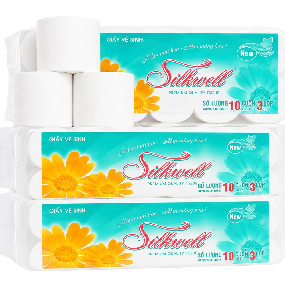 Giấy vệ sinh Silkwell Xanh Ngọc 10 cuộn 3 lớp có lõi, chất giấy siêu dai, không có mủn giấy