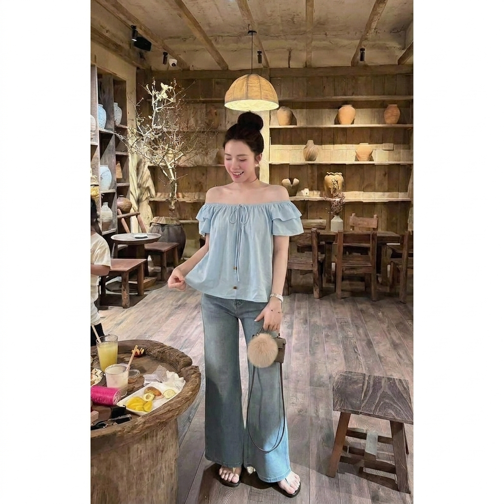 Áo kiểu nữ đi cafe dạo phố trễ vai bo chun sọc tăm phối bèo cánh tiên áo blouse suông rộng HCOM27297