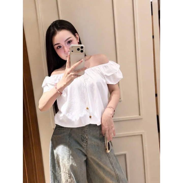 Áo kiểu nữ đi cafe dạo phố trễ vai bo chun sọc tăm phối bèo cánh tiên áo blouse suông rộng HCOM27297