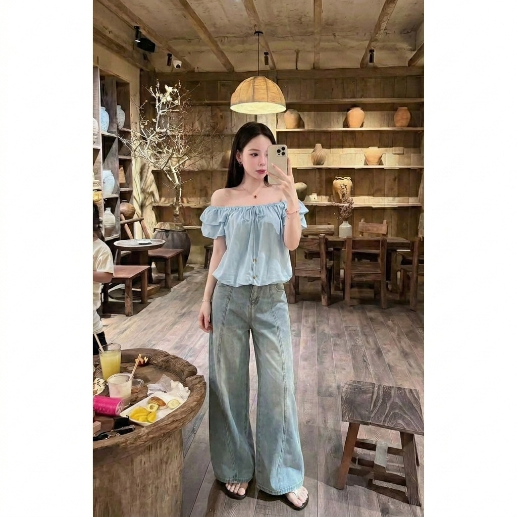 Áo kiểu nữ đi cafe dạo phố trễ vai bo chun sọc tăm phối bèo cánh tiên áo blouse suông rộng HCOM27297