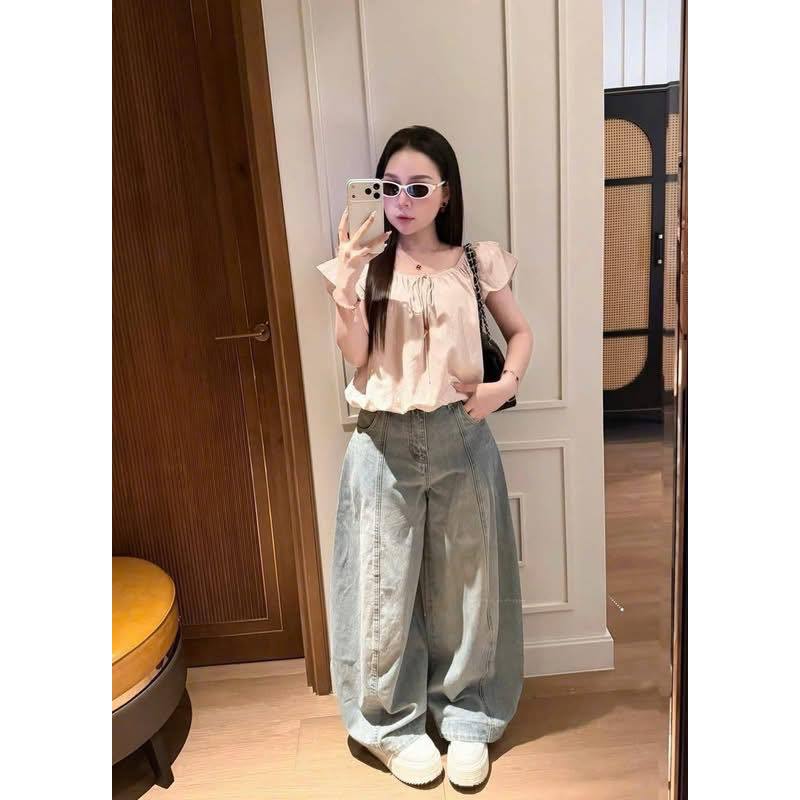 Áo kiểu nữ đi cafe dạo phố trễ vai bo chun sọc tăm phối bèo cánh tiên áo blouse suông rộng HCOM27297
