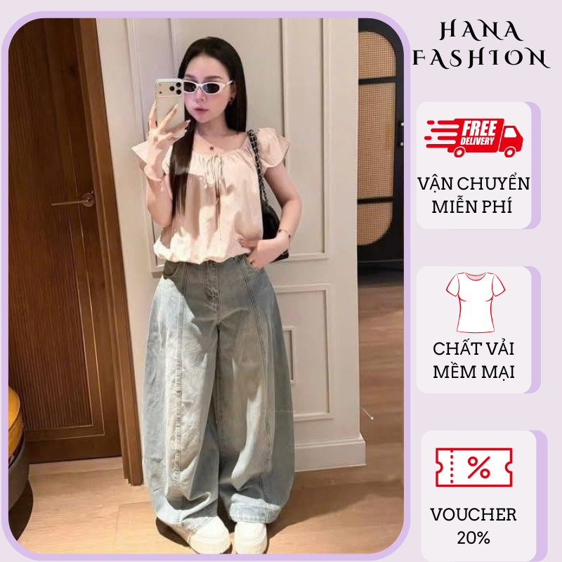 Áo kiểu nữ đi cafe dạo phố trễ vai bo chun sọc tăm phối bèo cánh tiên áo blouse suông rộng HCOM27297