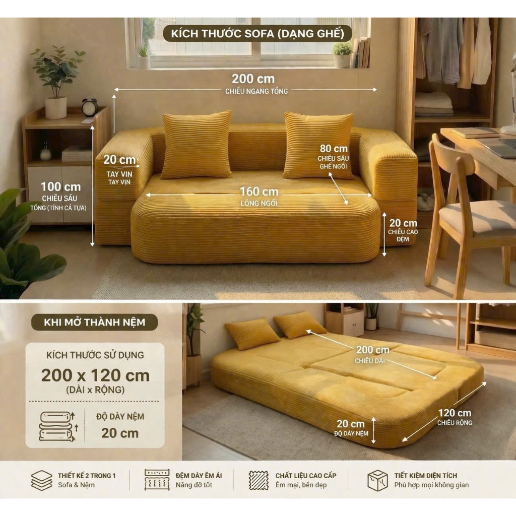 Sofa Bệt Giường Đa Năng nguyên khối gấp gọn vừa là sofa vừa là giường mềm mại, tiết kiệm không gian | BigBuy360 - bigbuy360.vn