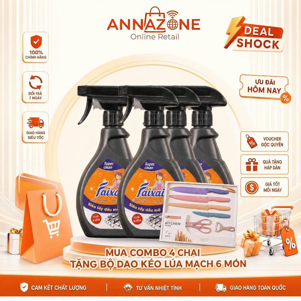 Tẩy dầu mỡ nước lau bếp Faixai hương chanh làm sạch vết ố dầu mỡ trên xong nồi chảo[QUÀ TẶNG HẤP DẪN[Lẻ/Combo Tiết Kiệm]