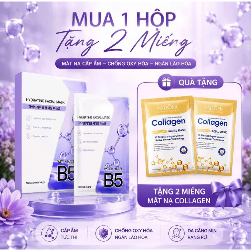 [1 Hộp 10 Miếng B5 Hàn + Tặng 2 nạ Collagen] Cấp ẩm, làm dịu da, Dưỡng trắng, kiềm dầu giảm mụn