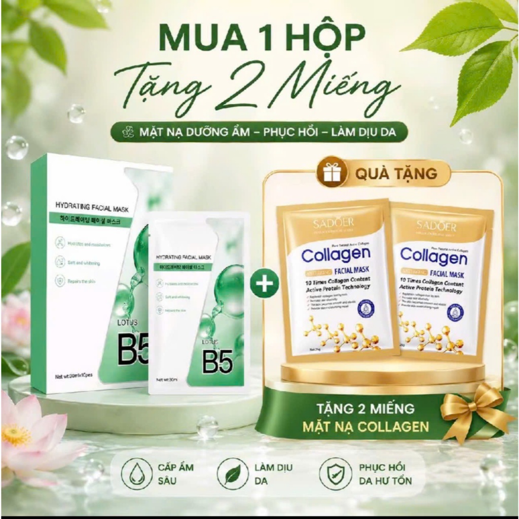 [1 Hộp 10 Miếng B5 Hàn + Tặng 2 nạ Collagen] Cấp ẩm, làm dịu da, Dưỡng trắng, kiềm dầu giảm mụn