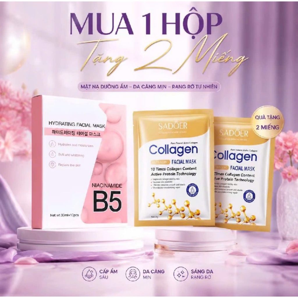 [1 Hộp 10 Miếng B5 Hàn + Tặng 2 nạ Collagen] Cấp ẩm, làm dịu da, Dưỡng trắng, kiềm dầu giảm mụn